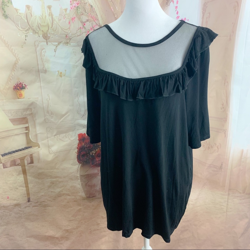 NEW Eloquii Ruffle Mesh Yoke Blouse in Black
